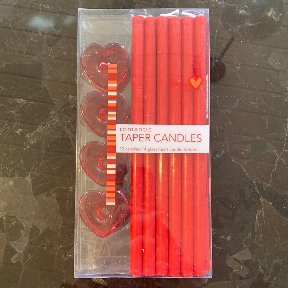 NEW! DCI Romantic 12 Red Taper Candles 4 Glass Candle Holders Valentines Day